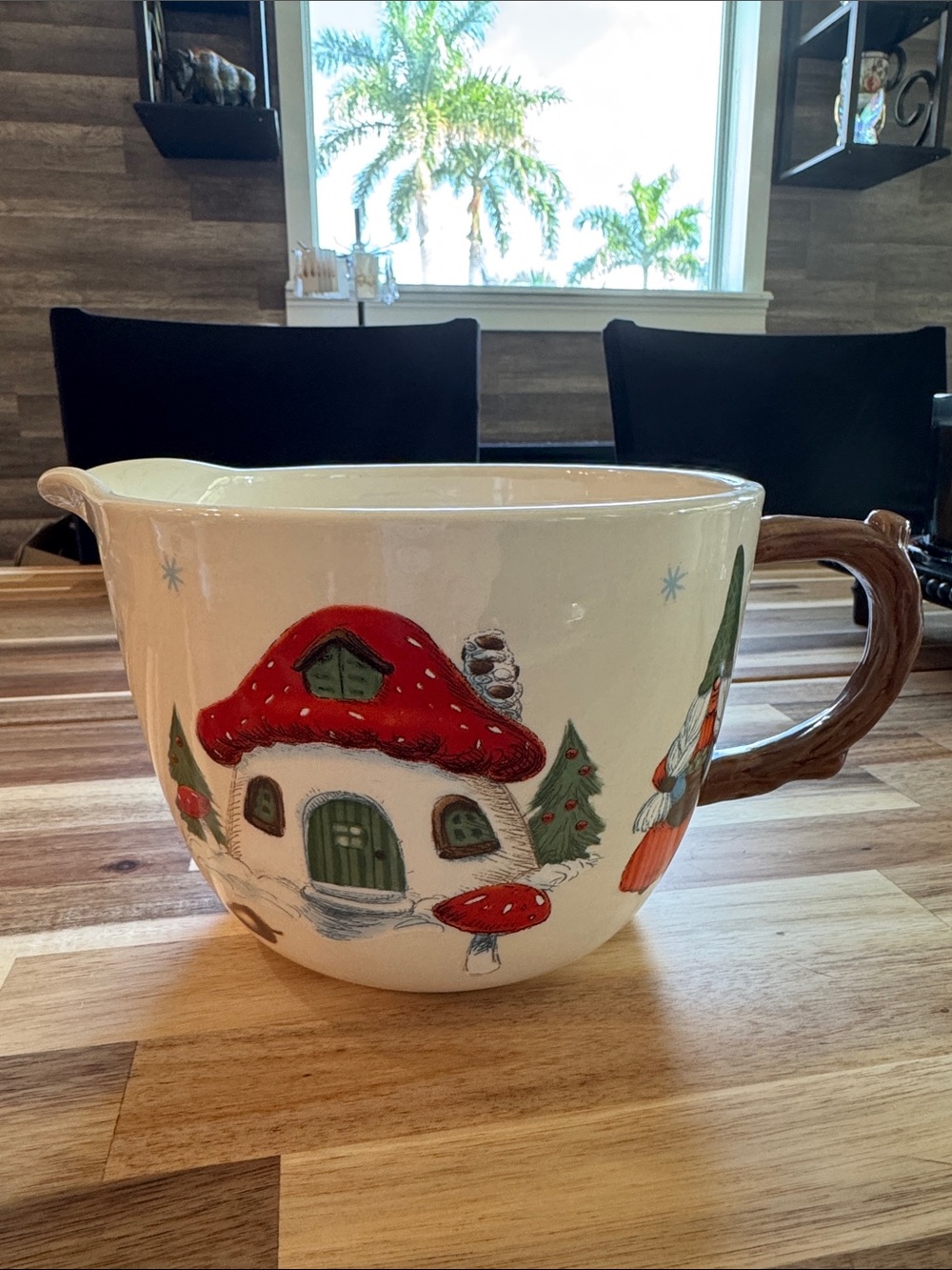 Whimsical Gnome &Mushroom Cottage Ceramic Mixing Bowl with Handle - Red & Green